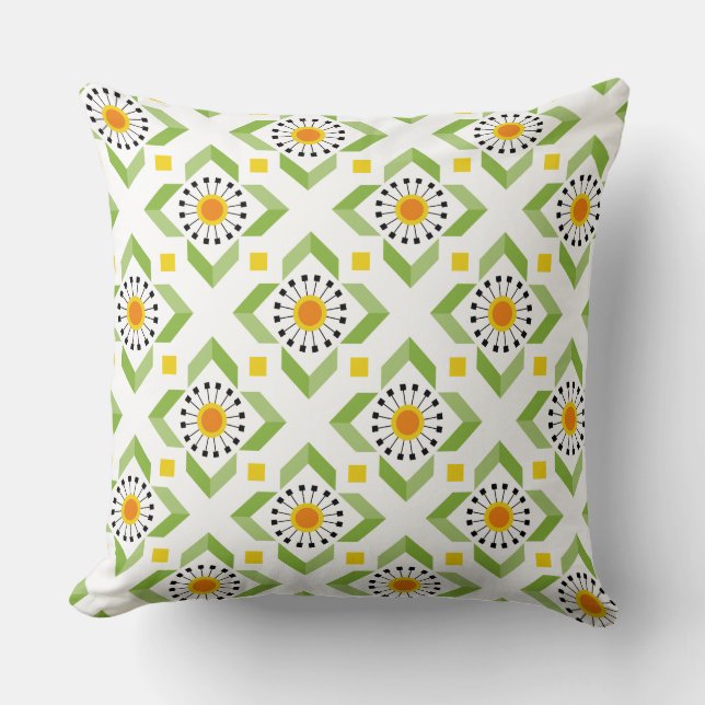 Modern Green Orange Dandelion and Diamond Pattern Cushion (Front)