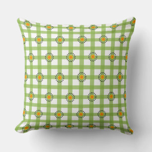Modern Green Orange Dandelion and Plaid Pattern Cushion