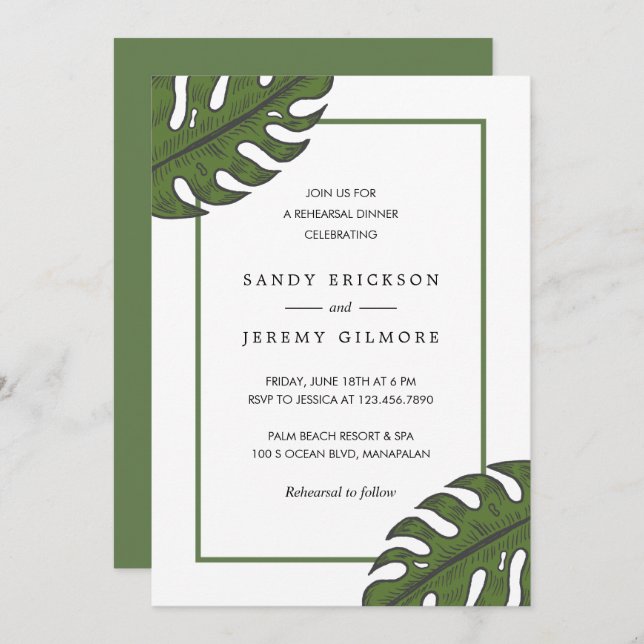 Modern Green Palm Leaf Tropical Rehearsal Dinner Invitation (Front/Back)