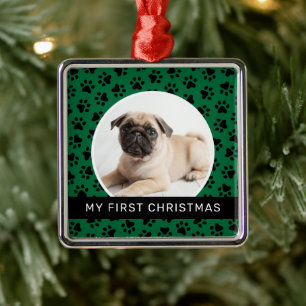 Modern Green Paw Print Puppy First Christmas Photo Metal Ornament