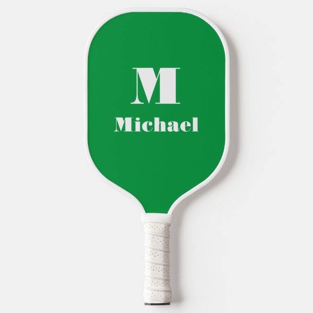 Modern Green Personalised Name Initial Solid Colou Pickleball Paddle (Front)