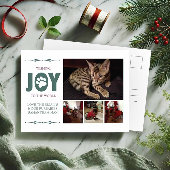 Modern Green Pet Christmas Postcards (Pet photo Christmas postcards by VG Invites features 1 large photo and 3 small photos)