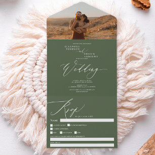 Modern green photo chic calligraphy wedding all in one invitation