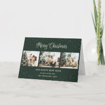 Modern Green Photo Collage Merry Christmas Cards