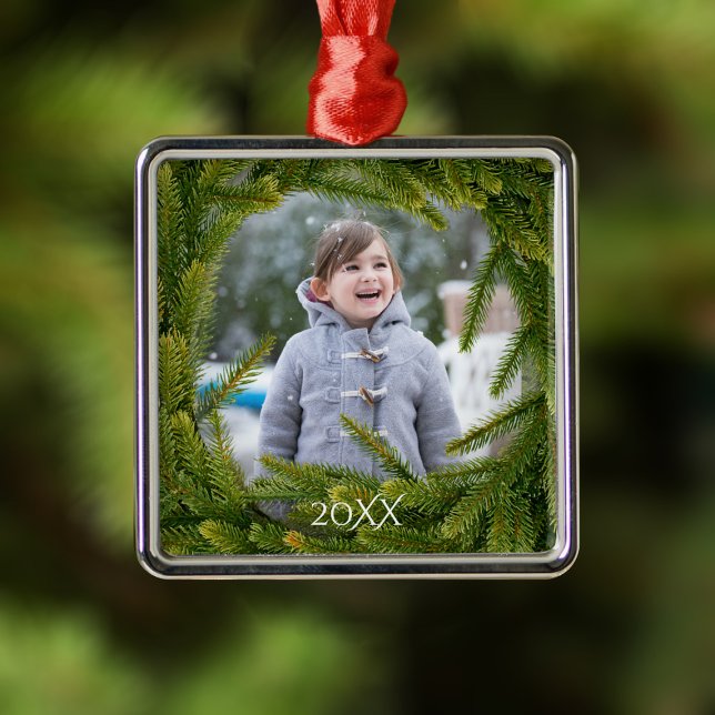 Modern Green Pine Wreath Overlay Photo Metal Tree Decoration (Just upload your photo and add a year!)