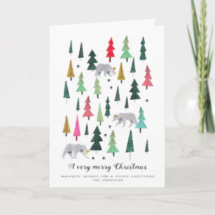 Modern green & pink Bears & Forest Trees pattern Holiday Card