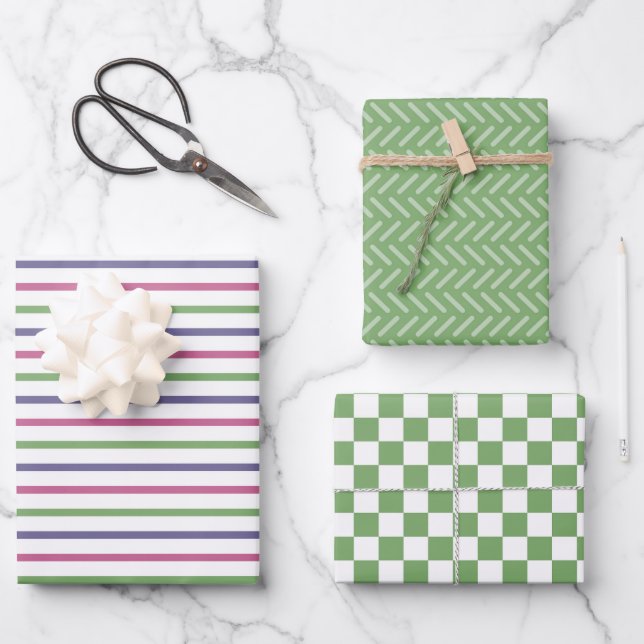 Modern Green, Pink, Blue Stripes, Green Checkered Wrapping Paper Sheet (Front)