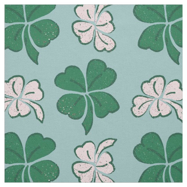 Modern Green Pink Clover Shamrock Drawing Pattern Fabric (Swatch)