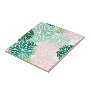 Modern Green Pink Dahlia Floral Ceramic Tile