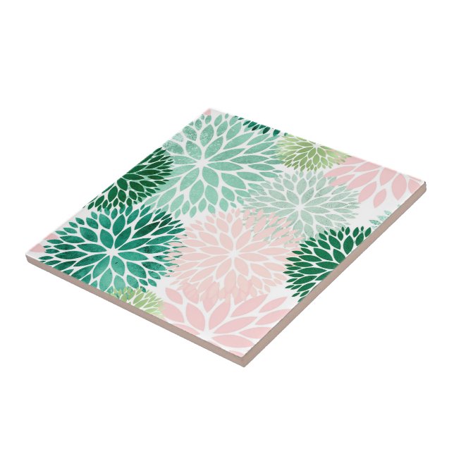 Modern Green Pink Dahlia Floral Ceramic Tile (Side)