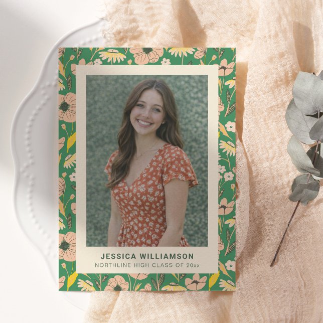 Modern Green Pink Floral Photo Graduation Announcement (Creator Uploaded)