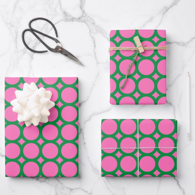 Modern Green & Pink Geometric Circle Shape  Wrapping Paper Sheet (Front)