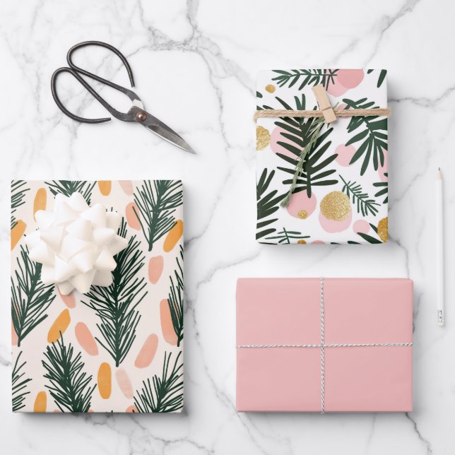 Modern Green Pink Gold Christmas Tree Branches Wrapping Paper Sheet (Front)