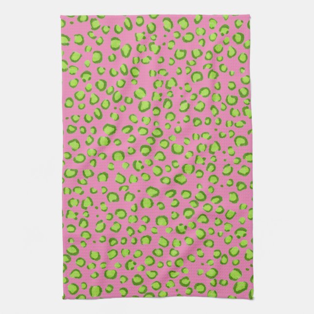Modern Green Pink Leopard Pattern Animal Print Tea Towel (Vertical)