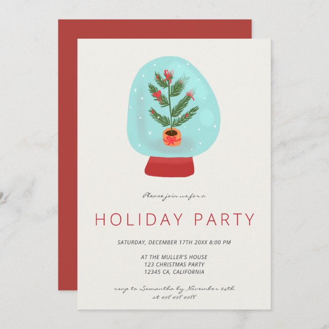 Modern green pink snow globe Christmas tree party Invitation (Front/Back)