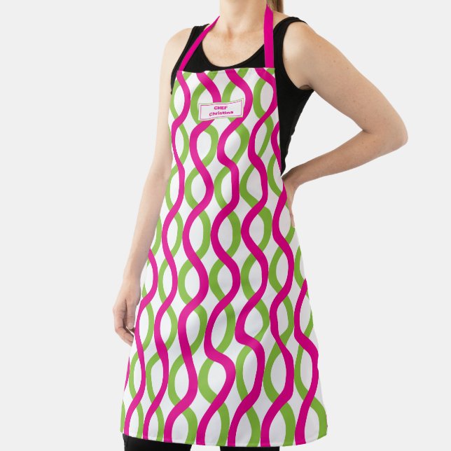 Modern Green Pink Waves Pattern Apron (Insitu)