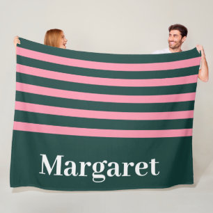 Modern green & pink  white monogram name fleece blanket