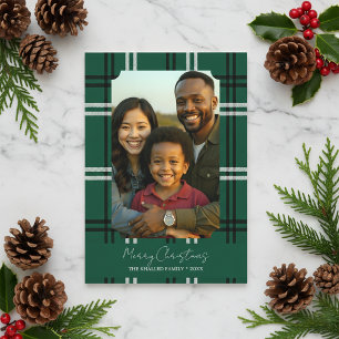 Modern Green Plaid Family Photo Holiday Greeting Card