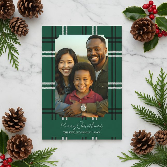 Modern Green Plaid Family Photo Holiday Greeting Card (Creator Uploaded)