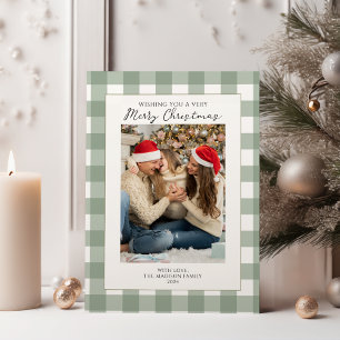 Modern Green Plaid Family Photo Merry Christmas Holiday Card