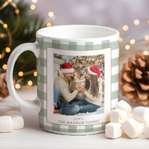 Modern Green Plaid Holiday Family Photo Christmas Coffee Mug