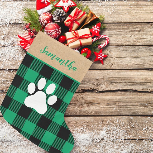 Modern Green Plaid & Name Dog Paw  Large Christmas Stocking (Creator Uploaded)