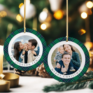 Modern Green Plaid Photo Christmas Ceramic Ornament