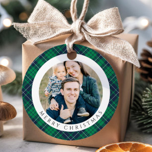 Modern Green Plaid Photo Christmas Favour Tags