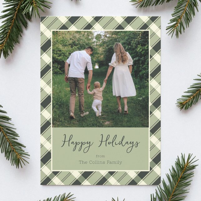 Modern Green Plaid Script Photo Happy Holidays Holiday Card (Modern Green Plaid Script Photo Happy Holidays Holiday Card)