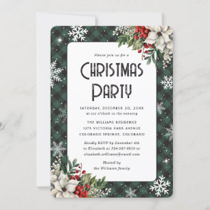 Modern Green Plaid Snowflake Christmas Party Invitation