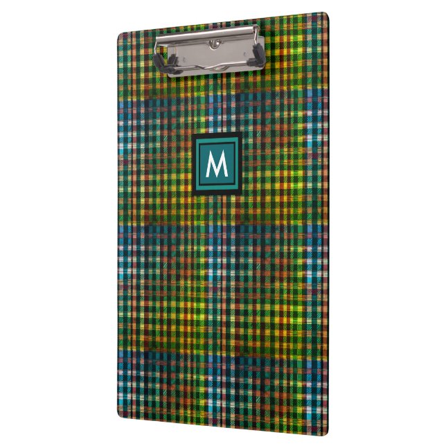 Modern Green Plaid Tartan Name Initial Monogram Clipboard (Left)