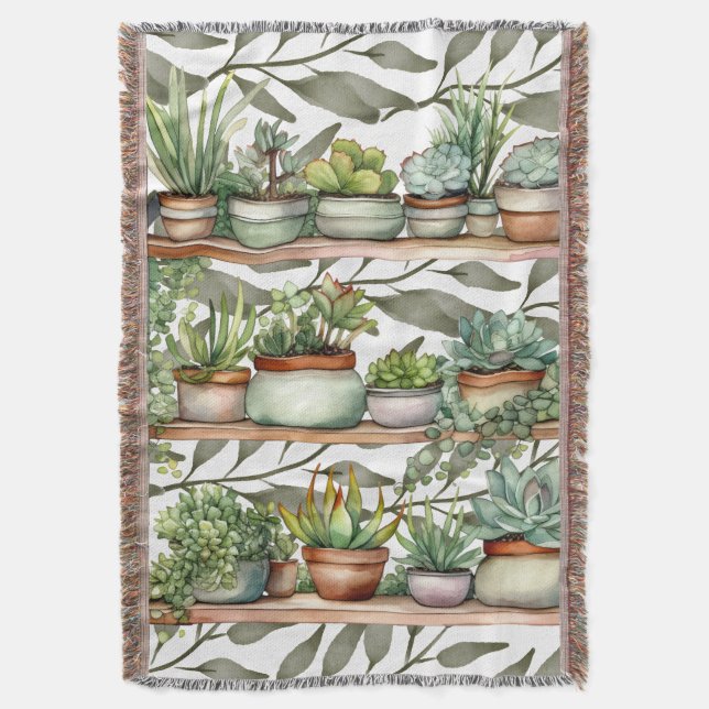 Modern Green Plant Shelf Reading Throw Blanket (Front Vertical)