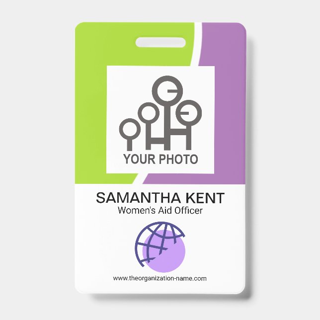 Modern Green Purple Waves Employee Photo Template ID Badge (Front)