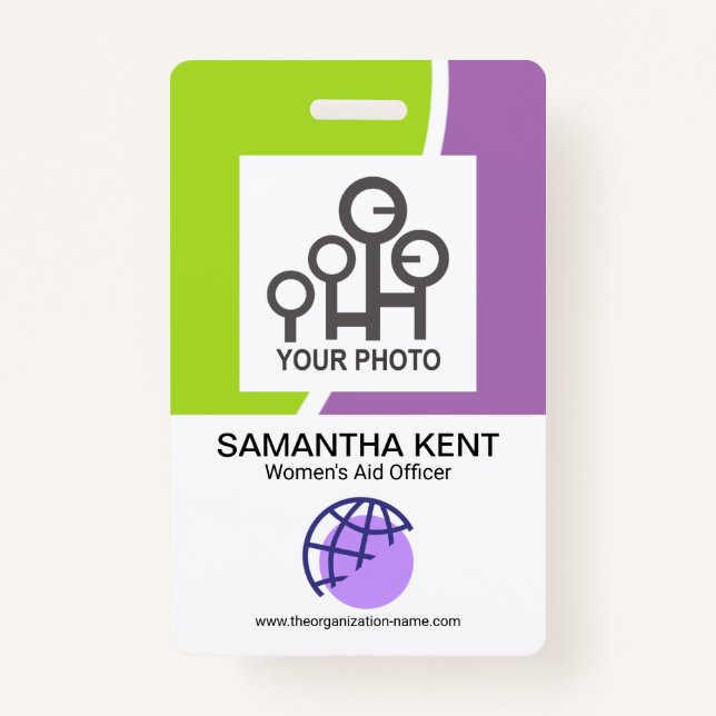 Modern Green Purple Waves Employee Photo Template ID Badge (Front)