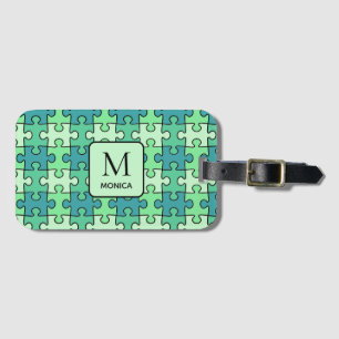 Modern Green Puzzle Pieces Monogram Luggage Tag