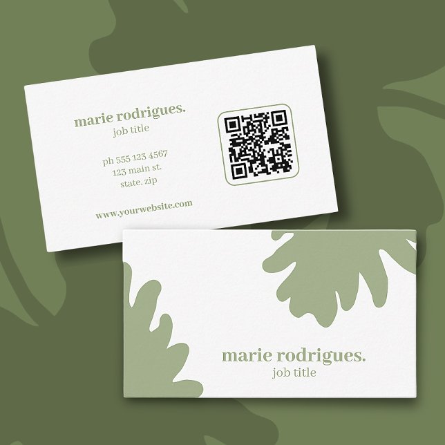 Modern Green QR Code Business Card (Beautiful, simple and modern green leaves business card with Qr code. Personalize with name + info)