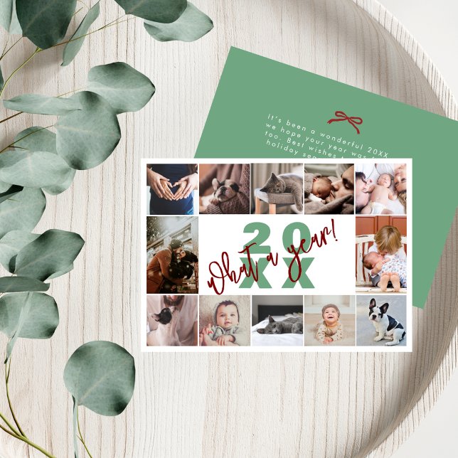 Modern Green Red 12 Photo Collage What A Year Holiday Card (Creator Uploaded)