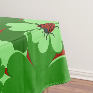 Modern Green, Red Ladybug Insect & Clover Leaves Tablecloth