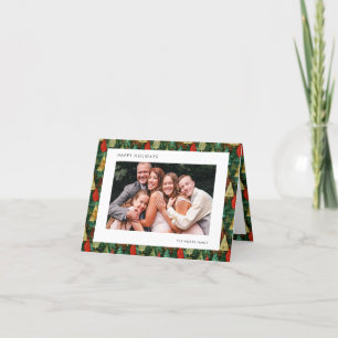 Modern Green & Red Pattern Family Photo Happy Holiday Card