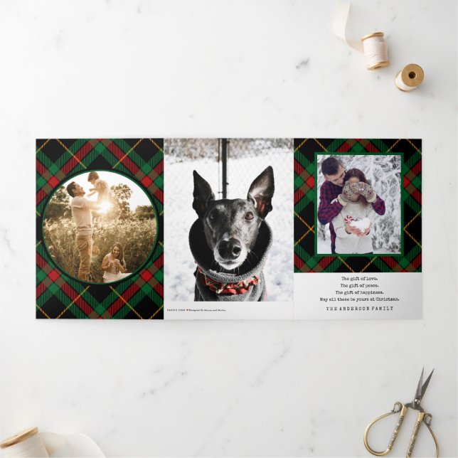 Modern Green Red Plaid Eight Photo  Tri-Fold Holiday Card (Outside)