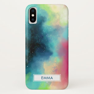 Modern Green & Red Space Nebula Watercolor iPhone X Case