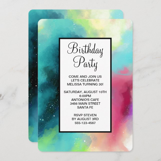 Modern Green & Red Space Nebula Watercolor Invitation (Front/Back)