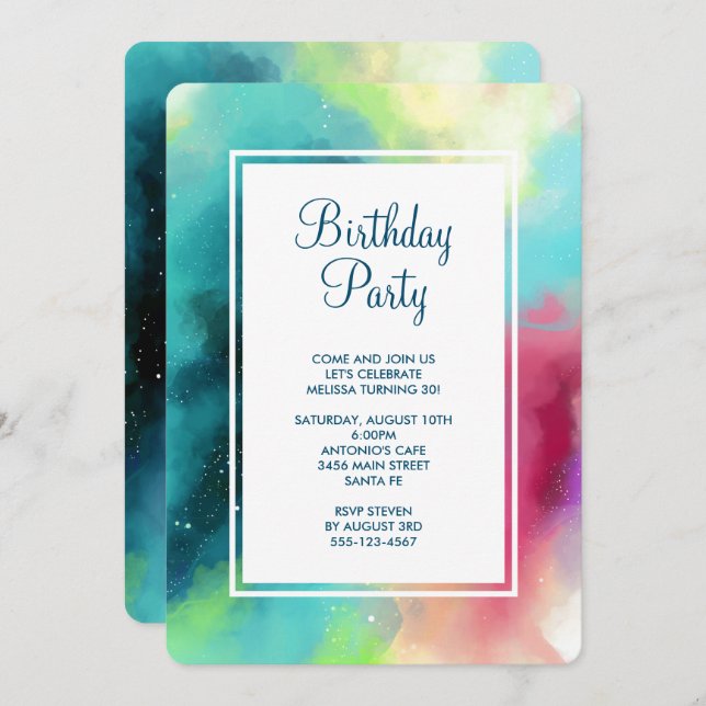 Modern Green & Red Space Nebula Watercolor Invitation (Front/Back)