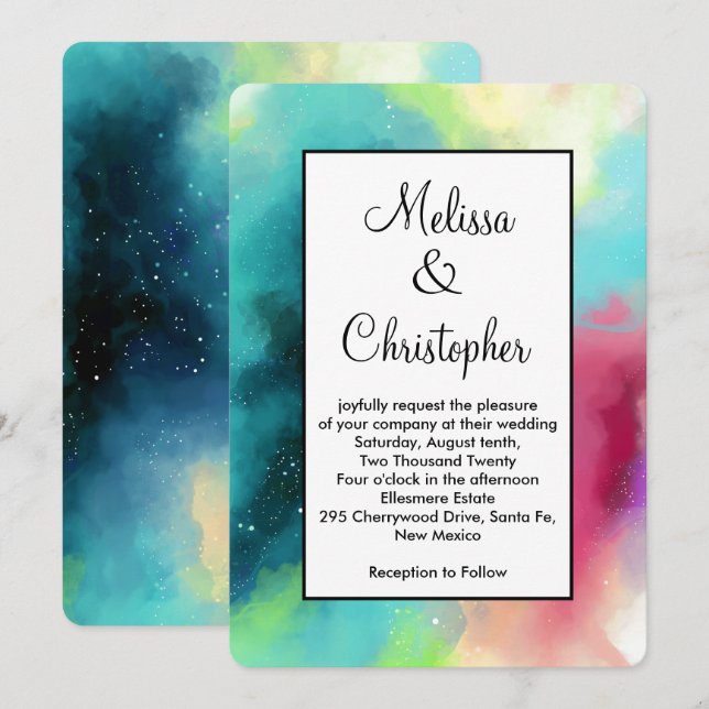 Modern Green & Red Space Nebula Watercolor Invitation (Front/Back)