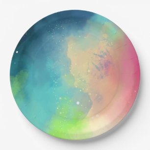 Modern Green & Red Space Nebula Watercolor Paper Plate