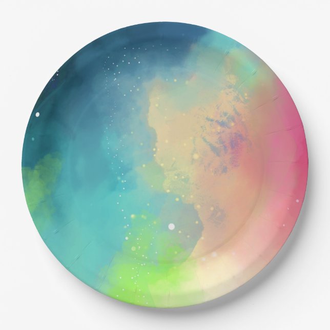 Modern Green & Red Space Nebula Watercolor Paper Plate (Front)