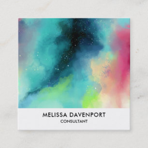 Modern Green & Red Space Nebula Watercolor Square Business Card