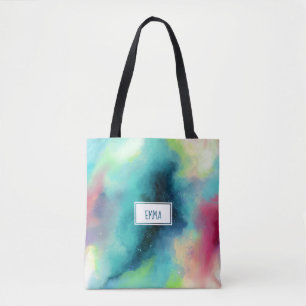 Modern Green & Red Space Nebula Watercolor Tote Bag