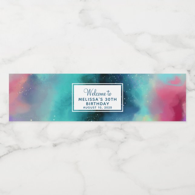 Modern Green & Red Space Nebula Watercolor Water Bottle Label (Single Label)