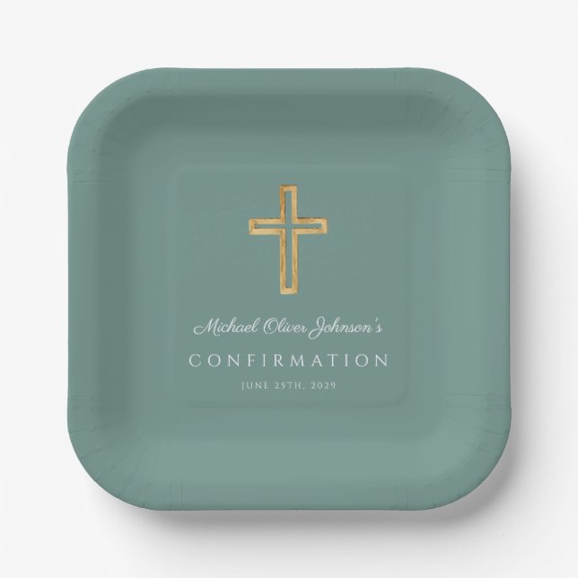 Modern Green Religious Cross Boy Confirmation Paper Plate (Front)